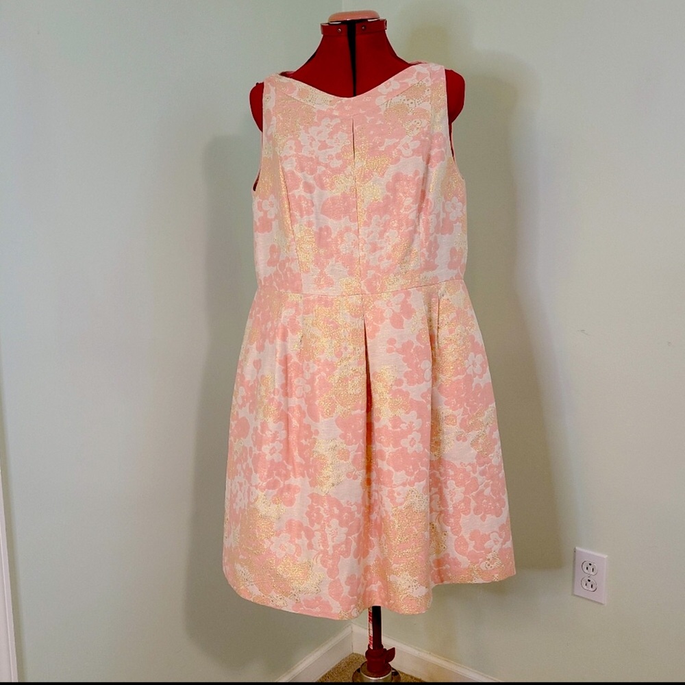 Tahari Pink and Gold Metallic Fit and Flare Dress